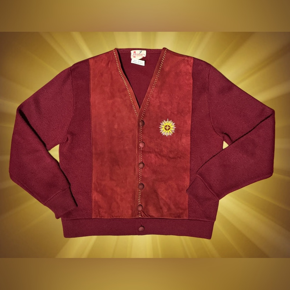 50s 60s Indian Sportswear Cardigan Suede Fleur De Lis Crest Orlon Rockabilly M